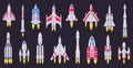 Spaceships vehicles. Space rocket, flying aerospace shuttle, spacecraft ships and ufo ships. Space rocket vehicles