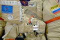 The spacesuit of a Russian cosmonaut from the ISS space station. Roscosmos and Russia inscription on the astronaut clothing.