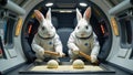 Spacethemed image featuring two rabbit astronauts making mochi using long wooden hammers within their spaceship