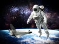 Spacewalking astronaut with a view of the Earth and space shuttle at the background. 3D illustration Royalty Free Stock Photo