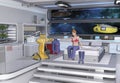 SpaceWoman in space station with robot