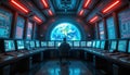 Spacious abandoned spacecraft control room. Person monitors multiple screens. Screens display data and digital information. Large