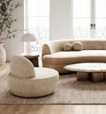 Spacious and airy boho chic living room with curved sofa and natural light from large windows, 3d rendering Royalty Free Stock Photo
