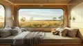 A spacious and airy sleeping car with large windows offering stunning views of passing landscapes as you drift off to