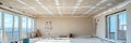 Spacious Apartment Under Renovation with Drywall Installed, Tools, and Ladders in Daylight Room Royalty Free Stock Photo