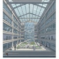Spacious atrium of a modern building, featuring a glass ceiling and central glass Royalty Free Stock Photo