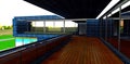 Spacious balcony with wooden floor and big windows reflecting beautiful night landscape. 3d rendering Royalty Free Stock Photo