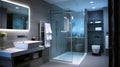 spacious bathroom with black tile on wall and white on floor, shower cabin with glass doors, modern washbowl with faucet