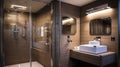 spacious bathroom with black tile on wall and white on floor, shower cabin with glass doors, modern washbowl with faucet