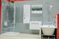 Spacious bathroom in gray tones with freestanding tub, walk-in shower, double sink vanity Royalty Free Stock Photo