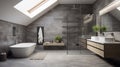 Spacious bathroom in gray tones with heated floors, freestanding tub. Generative AI Royalty Free Stock Photo