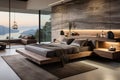 Spacious bed with a simple design and neutral bedding. Minimalist nightstands and lighting