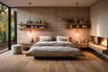 Spacious bed with a simple design and neutral bedding. Minimalist nightstands and lighting