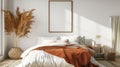 Bedroom With Large Bed and Plant in Corner Royalty Free Stock Photo