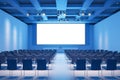 Spacious blue-themed conference room with a blank screen, rows of seating, and overhead lighting Royalty Free Stock Photo