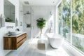 Spacious and bright bathroom with a minimalist tub, marble tiling, and serene decor