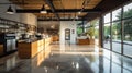 Spacious bright eco-style kitchen interior in a modern luxury villa. Minimalist wooden facades, kitchen island, built-in Royalty Free Stock Photo