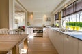 Spacious bright kitchen interior in a modern cottage. White minimalist facades, built-in home appliances, dining area Royalty Free Stock Photo