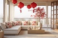 Spacious, bright living room with large windows, a cozy sofa with showers, decorated in honor of the Chinese New Year with