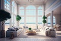 Spacious bright room in a luxury cottage on the beach. AI generated Royalty Free Stock Photo