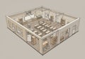 Spacious classroom layout in an isometric view, featuring wooden desks arranged in Royalty Free Stock Photo