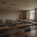 Spacious classroom with rows of wooden desks and blue chairs arranged in pairs. Royalty Free Stock Photo