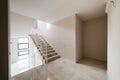 Spacious clean new corridor in the house with stairs and white railings