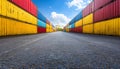 Spacious Container Yard with Stacks of Colorful Cargo Containers Under a Bright Blue Sky Royalty Free Stock Photo