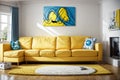 Spacious contemporary children's room, photorealistic painting, creative yellow