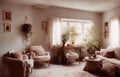 Spacious cozy living room in vintage style. With upholstered furniture and large windows. AI generated