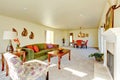 Spacious creamy tones interior of family room and dining room. Royalty Free Stock Photo