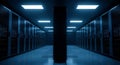 Large data center with rows of computer servers and a central pillar under blue lighting in a modern facility Royalty Free Stock Photo