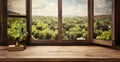 Spacious desk, yours to decorate, with a blurred home interior window