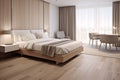 Large double bed in modern hotel room, in light colors