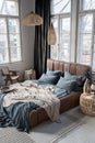 Spacious and eclectic bedroom with big windows