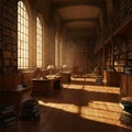 Spacious, elegant library featuring high ceilings and tall arched windows that allow Royalty Free Stock Photo