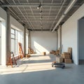 Spacious empty commercial area on remodel. Boxes, ladders, materials scattered on floor. Interior space ready for new layout, Royalty Free Stock Photo