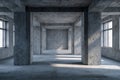 Spacious empty industrial-style room with large windows and strong sunlight casting shadows across concrete pillars and floor in Royalty Free Stock Photo