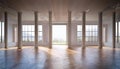 Spacious empty interior with columns and windows. 3D Rendering Royalty Free Stock Photo