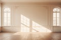 Spacious, empty room with large window. Bright, minimalistic interior. Ideal for various designs or concepts