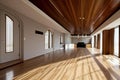 Spacious empty room with polished wooden floors, large windows, and a modern chandelier Royalty Free Stock Photo