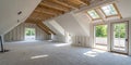 Spacious empty rooms in the attic floor after filling out the work on the wall and ceiling Royalty Free Stock Photo