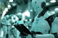 Robotic technician analyzes data from robotic arms in high-tech factory setting. Generative AI