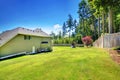 Spacious fenced backyard area with play set for kids.