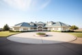 spacious flatroofed mansion with circular driveway Royalty Free Stock Photo