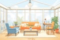 spacious glass-enclosed sunroom with comfortable seating, magazine style illustration Royalty Free Stock Photo