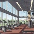 Spacious gym interior with large floor-to-ceiling windows offering a view of greenery Royalty Free Stock Photo
