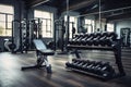 A spacious gym with a row of exercise equipment, Gym Equipmend Dumbells in a Gym, Fitness Space, AI Generated
