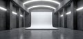 Spacious hall interior render features concrete walls. White backdrop occupies center, illuminated by ceiling lights. Modern Royalty Free Stock Photo