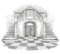 Spacious hall and staircase drawing, vector illustration